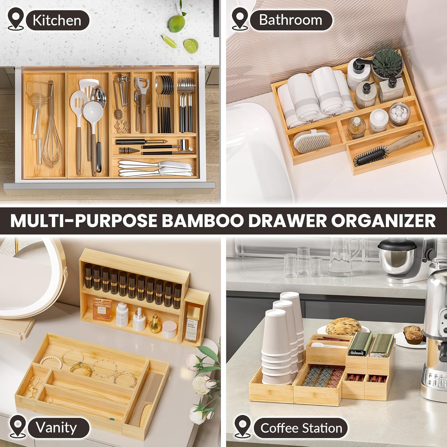 Kitchen Drawer Organizer Bins, Stackable Bamboo Deep Drawer Organizer for Silverware, Utensils, Cutlery, Flatware, Junk Drawer, Dresser, Bathroom, 15" x 6" x 2.5" (Set of 2)