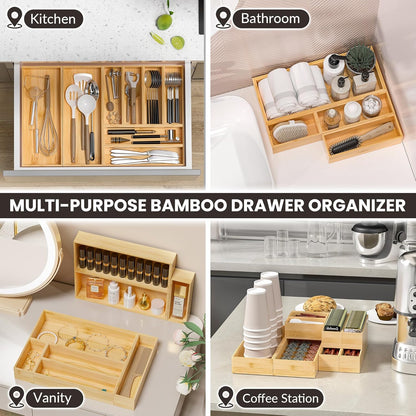 Kitchen Drawer Organizer Bins, Stackable Bamboo Deep Drawer Organizer for Silverware, Utensils, Cutlery, Flatware, Junk Drawer, Dresser, Bathroom, 15" x 6" x 2.5" (Set of 2)