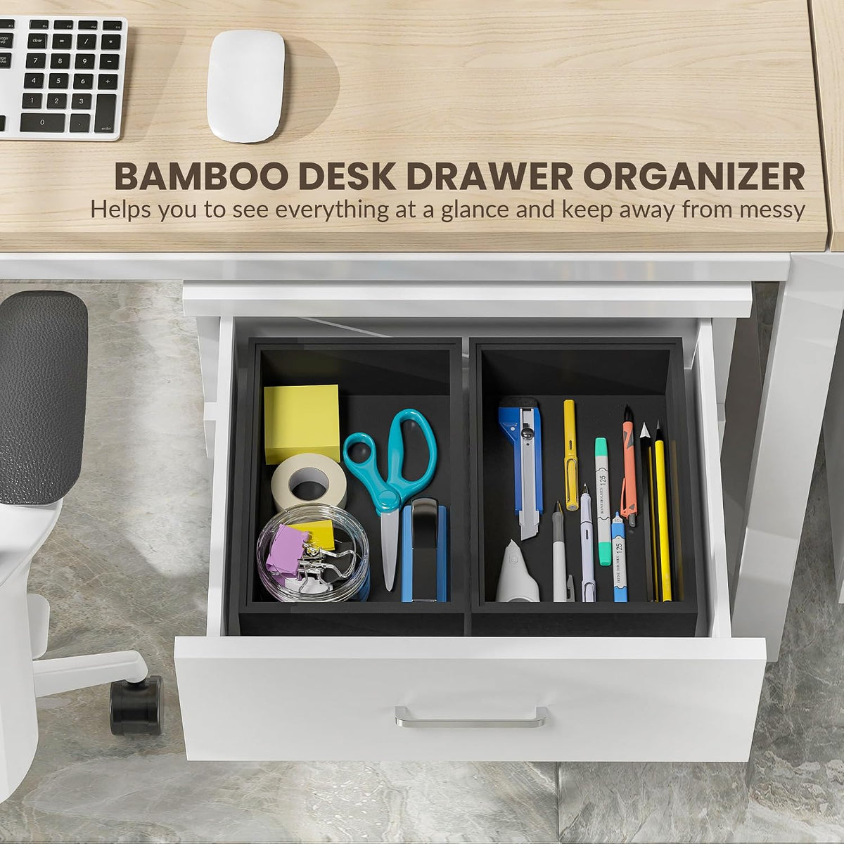 Kitchen Drawer Organizer Bins, Stackable Bamboo Deep Drawer Organizer for Silverware, Utensils, Cutlery, Flatware, Junk Drawer, Dresser, Bathroom, 15" x 6" x 2.5" (Set of 2)