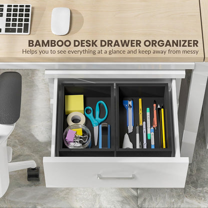Kitchen Drawer Organizer Bins, Stackable Bamboo Deep Drawer Organizer for Silverware, Utensils, Cutlery, Flatware, Junk Drawer, Dresser, Bathroom, 15" x 6" x 2.5" (Set of 2)
