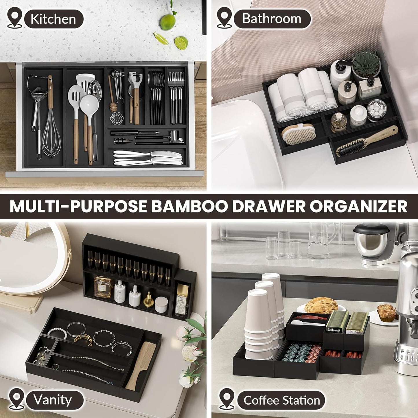 Kitchen Drawer Organizer Bins, Stackable Bamboo Deep Drawer Organizer for Silverware, Utensils, Cutlery, Flatware, Junk Drawer, Dresser, Bathroom, 15" x 6" x 2.5" (Set of 2)