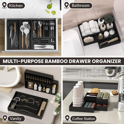Kitchen Drawer Organizer Bins, Stackable Bamboo Deep Drawer Organizer for Silverware, Utensils, Cutlery, Flatware, Junk Drawer, Dresser, Bathroom, 15" x 6" x 2.5" (Set of 2)