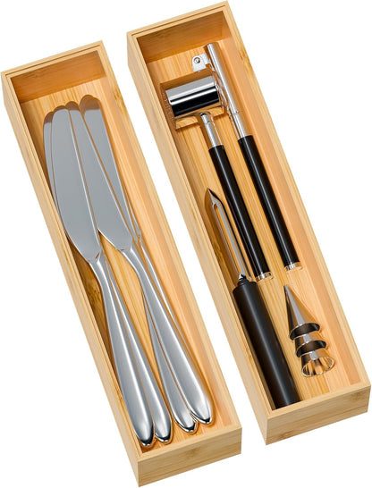 Kitchen Drawer Organizer Bins, Stackable Bamboo Deep Drawer Organizer for Silverware, Utensils, Cutlery, Flatware, Junk Drawer, Dresser, Bathroom, 15" x 6" x 2.5" (Set of 2)