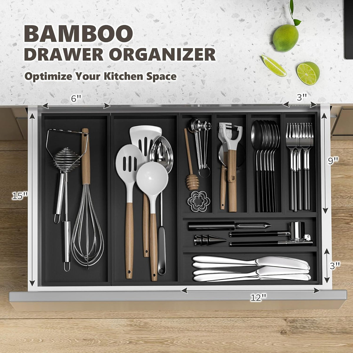 Kitchen Drawer Organizer Bins, Stackable Bamboo Deep Drawer Organizer for Silverware, Utensils, Cutlery, Flatware, Junk Drawer, Dresser, Bathroom, 15" x 6" x 2.5" (Set of 2)
