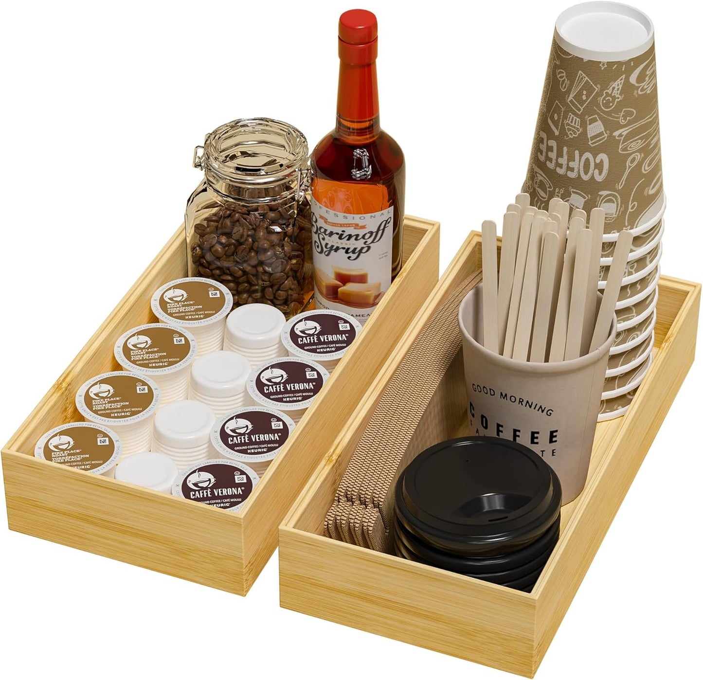 Kitchen Drawer Organizer Bins, Stackable Bamboo Deep Drawer Organizer for Silverware, Utensils, Cutlery, Flatware, Junk Drawer, Dresser, Bathroom, 15" x 6" x 2.5" (Set of 2)