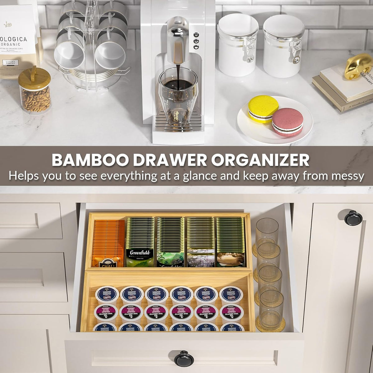 Kitchen Drawer Organizer Bins, Stackable Bamboo Deep Drawer Organizer for Silverware, Utensils, Cutlery, Flatware, Junk Drawer, Dresser, Bathroom, 15" x 6" x 2.5" (Set of 2)