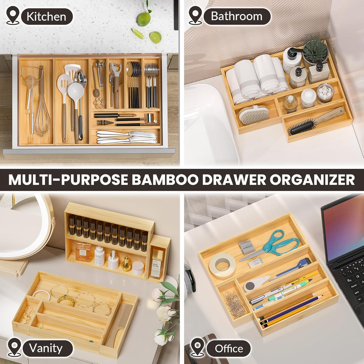 Kitchen Drawer Organizer Bins, Stackable Bamboo Deep Drawer Organizer for Silverware, Utensils, Cutlery, Flatware, Junk Drawer, Dresser, Bathroom, 15" x 6" x 2.5" (Set of 2)