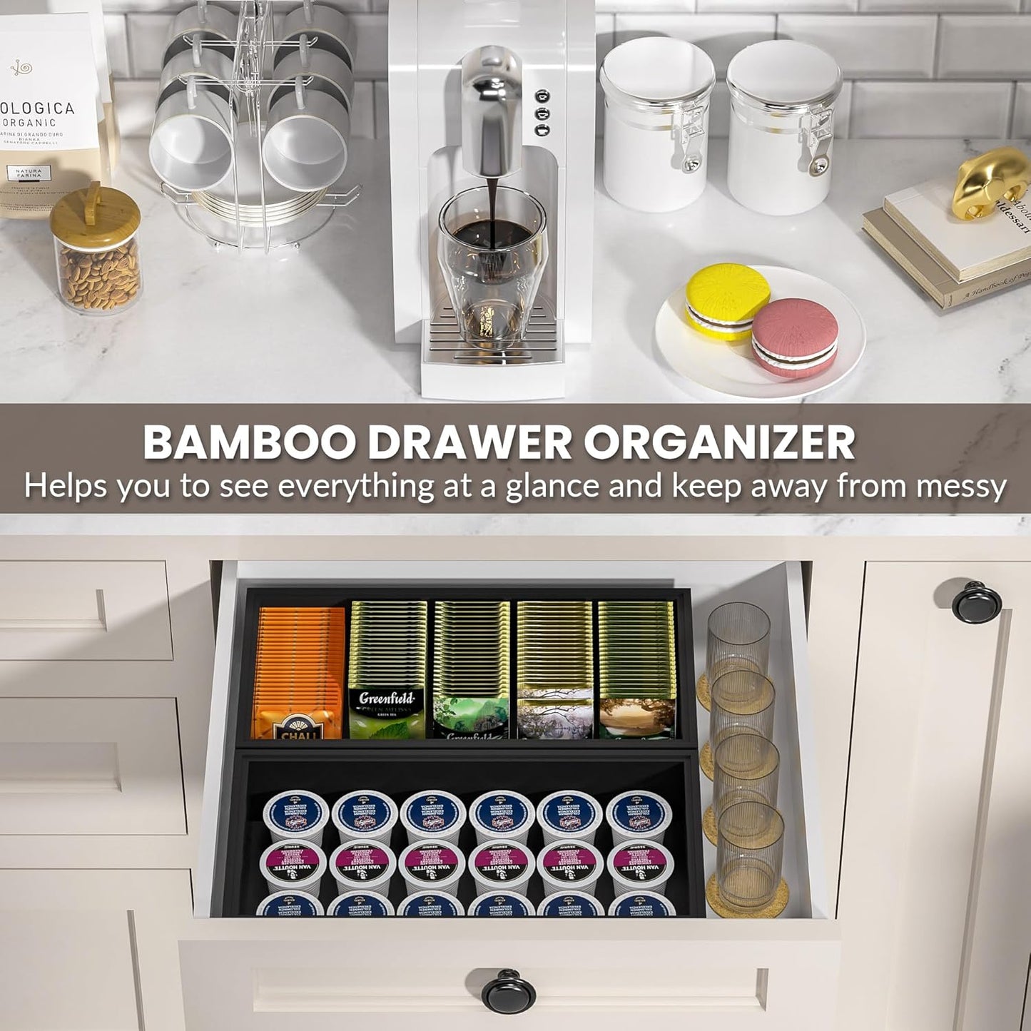 Kitchen Drawer Organizer Bins, Stackable Bamboo Deep Drawer Organizer for Silverware, Utensils, Cutlery, Flatware, Junk Drawer, Dresser, Bathroom, 15" x 6" x 2.5" (Set of 2)