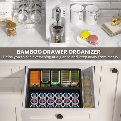 Kitchen Drawer Organizer Bins, Stackable Bamboo Deep Drawer Organizer for Silverware, Utensils, Cutlery, Flatware, Junk Drawer, Dresser, Bathroom, 15" x 6" x 2.5" (Set of 2)