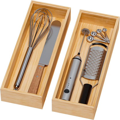 Kitchen Drawer Organizer Bins, Stackable Bamboo Deep Drawer Organizer for Silverware, Utensils, Cutlery, Flatware, Junk Drawer, Dresser, Bathroom, 15" x 6" x 2.5" (Set of 2)