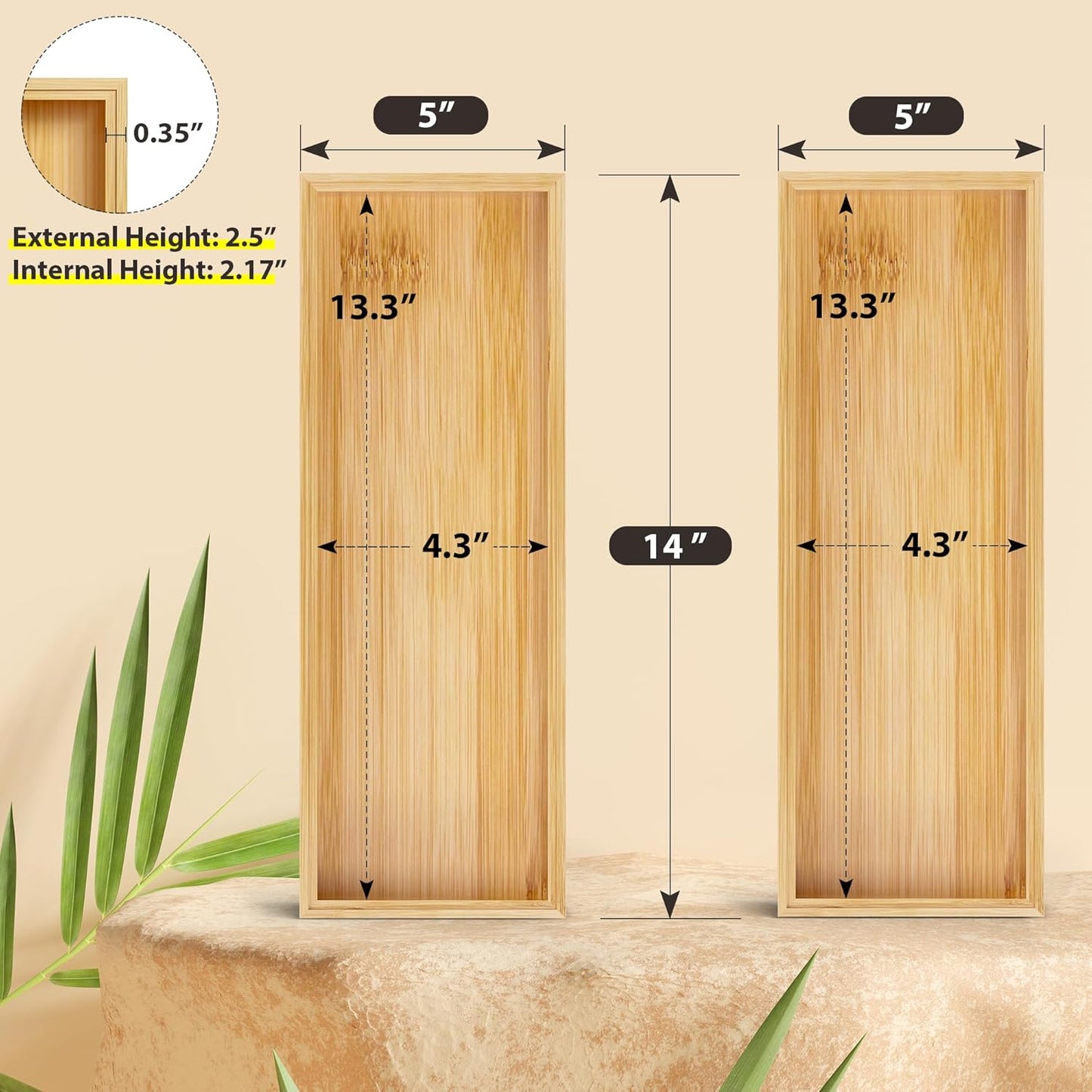 Kitchen Drawer Organizer Bins, Stackable Bamboo Deep Drawer Organizer for Silverware, Utensils, Cutlery, Flatware, Junk Drawer, Dresser, Bathroom, 15" x 6" x 2.5" (Set of 2)