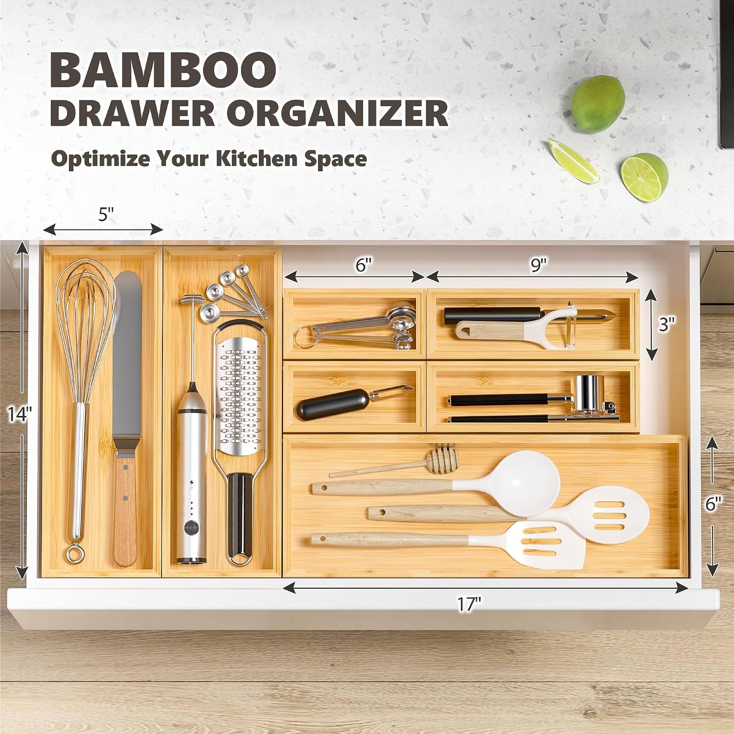 Kitchen Drawer Organizer Bins, Stackable Bamboo Deep Drawer Organizer for Silverware, Utensils, Cutlery, Flatware, Junk Drawer, Dresser, Bathroom, 15" x 6" x 2.5" (Set of 2)