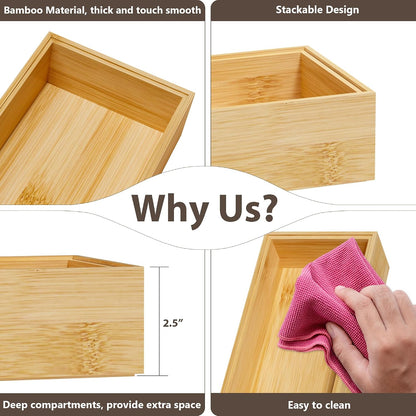 Kitchen Drawer Organizer Bins, Stackable Bamboo Deep Drawer Organizer for Silverware, Utensils, Cutlery, Flatware, Junk Drawer, Dresser, Bathroom, 15" x 6" x 2.5" (Set of 2)