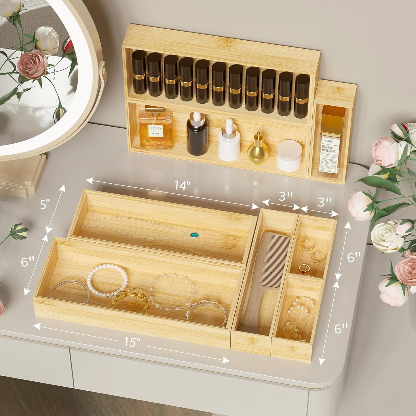 Kitchen Drawer Organizer Bins, Stackable Bamboo Deep Drawer Organizer for Silverware, Utensils, Cutlery, Flatware, Junk Drawer, Dresser, Bathroom, 15" x 6" x 2.5" (Set of 2)