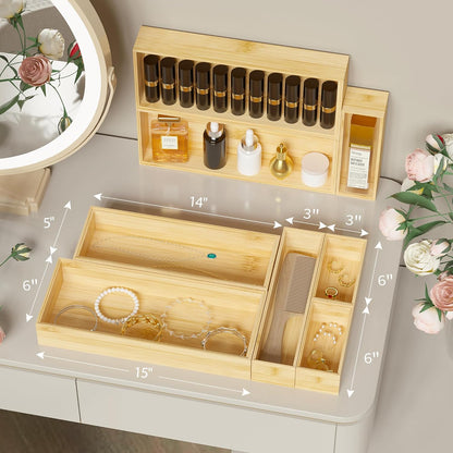 Kitchen Drawer Organizer Bins, Stackable Bamboo Deep Drawer Organizer for Silverware, Utensils, Cutlery, Flatware, Junk Drawer, Dresser, Bathroom, 15" x 6" x 2.5" (Set of 2)