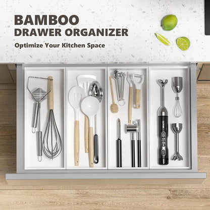 Kitchen Drawer Organizer Bins, Stackable Bamboo Deep Drawer Organizer for Silverware, Utensils, Cutlery, Flatware, Junk Drawer, Dresser, Bathroom, 15" x 6" x 2.5" (Set of 2)