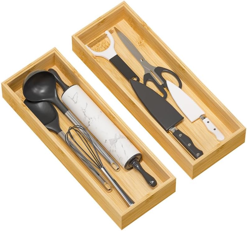 Kitchen Drawer Organizer Bins, Stackable Bamboo Deep Drawer Organizer for Silverware, Utensils, Cutlery, Flatware, Junk Drawer, Dresser, Bathroom, 15" x 6" x 2.5" (Set of 2)