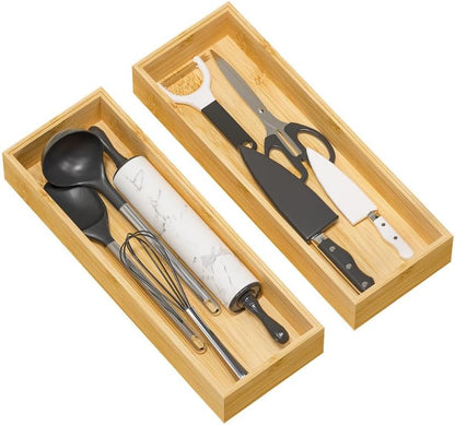 Kitchen Drawer Organizer Bins, Stackable Bamboo Deep Drawer Organizer for Silverware, Utensils, Cutlery, Flatware, Junk Drawer, Dresser, Bathroom, 15" x 6" x 2.5" (Set of 2)