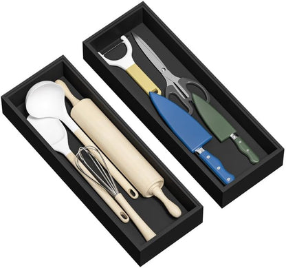 Kitchen Drawer Organizer Bins, Stackable Bamboo Deep Drawer Organizer for Silverware, Utensils, Cutlery, Flatware, Junk Drawer, Dresser, Bathroom, 15" x 6" x 2.5" (Set of 2)