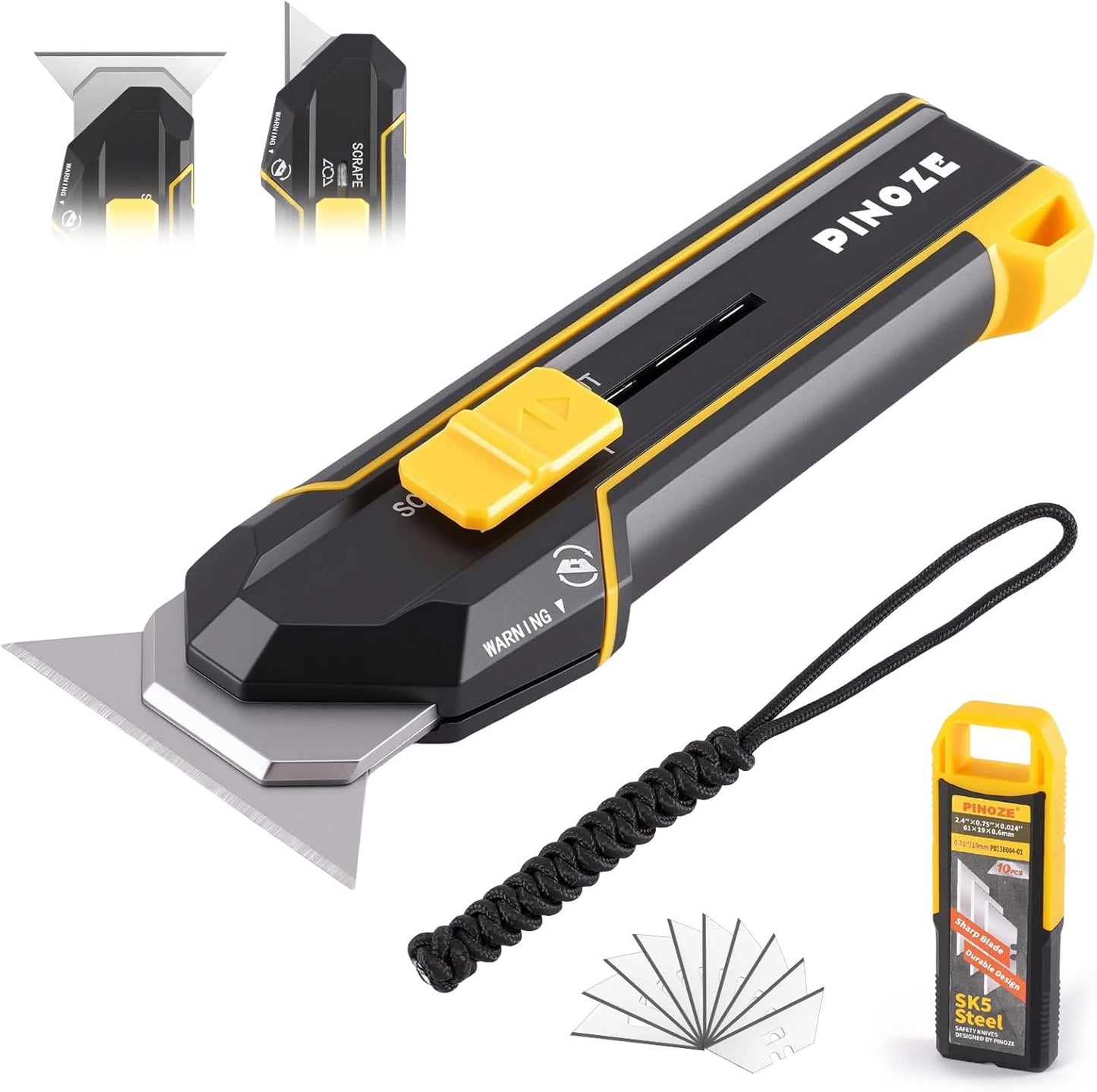 Utility Knife Scraper, 3-in-1 Retractable Box Cutter with Lanyard & Blade Storage, Heavy Duty Zinc Alloy Multi-functional Knife with 10pcs SK2 Blades, EDC Tool for Home, Office, DIY