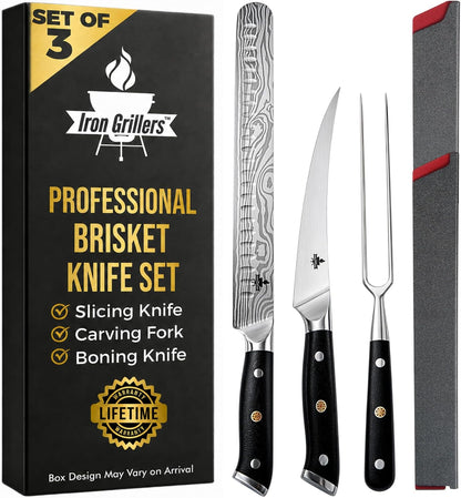 Brisket Knife Set for Meat Carving - 12" Slicing Knife + 6" Curved Boning Knife & Carving Fork for Effortless Meat Cutting, Full Tang & Ergonomic - Razor Sharp German Steel, BBQ Grilling Gifts for Men