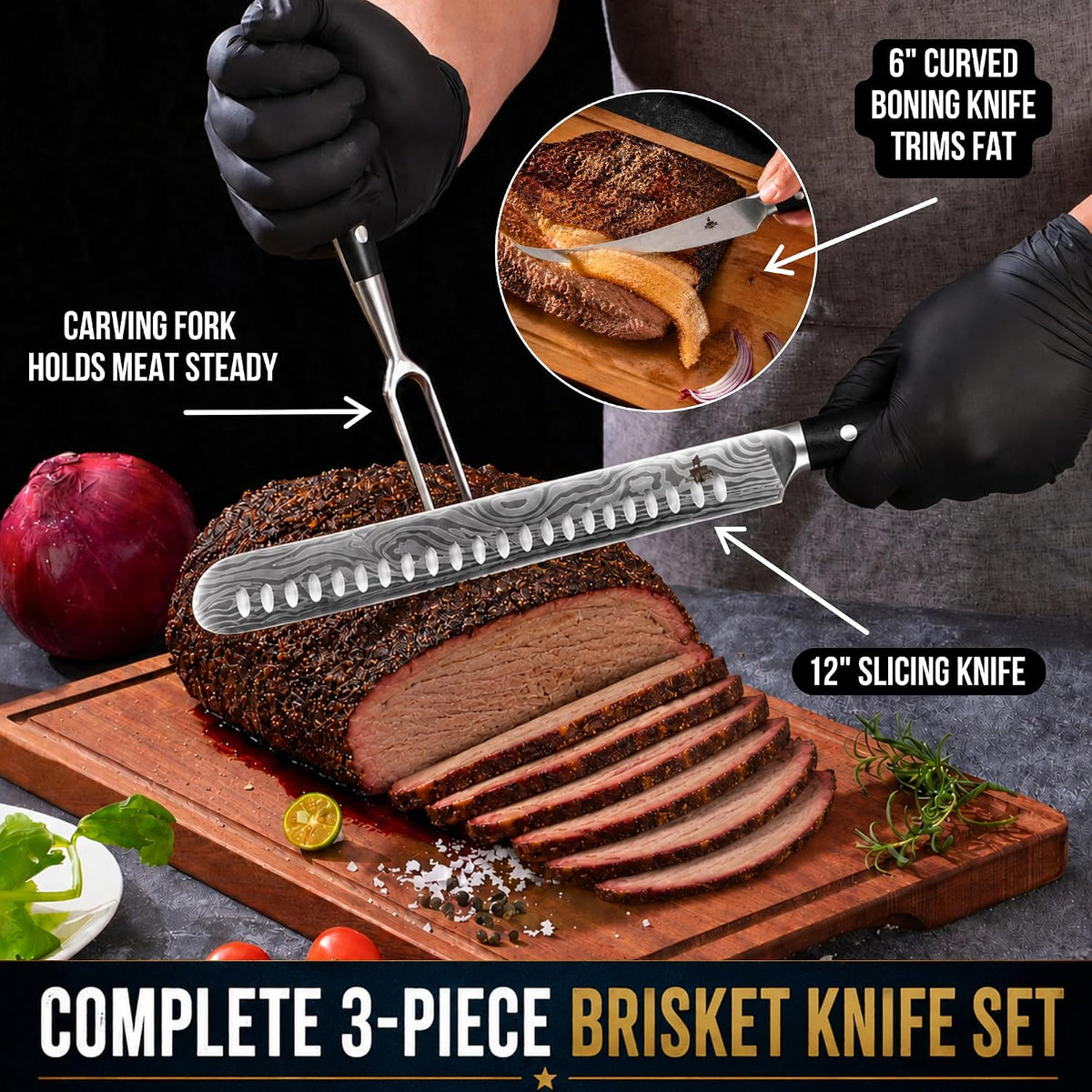 Brisket Knife Set for Meat Carving - 12" Slicing Knife + 6" Curved Boning Knife & Carving Fork for Effortless Meat Cutting, Full Tang & Ergonomic - Razor Sharp German Steel, BBQ Grilling Gifts for Men