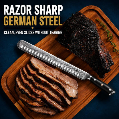 Brisket Knife Set for Meat Carving - 12" Slicing Knife + 6" Curved Boning Knife & Carving Fork for Effortless Meat Cutting, Full Tang & Ergonomic - Razor Sharp German Steel, BBQ Grilling Gifts for Men