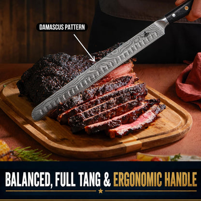Brisket Knife Set for Meat Carving - 12" Slicing Knife + 6" Curved Boning Knife & Carving Fork for Effortless Meat Cutting, Full Tang & Ergonomic - Razor Sharp German Steel, BBQ Grilling Gifts for Men