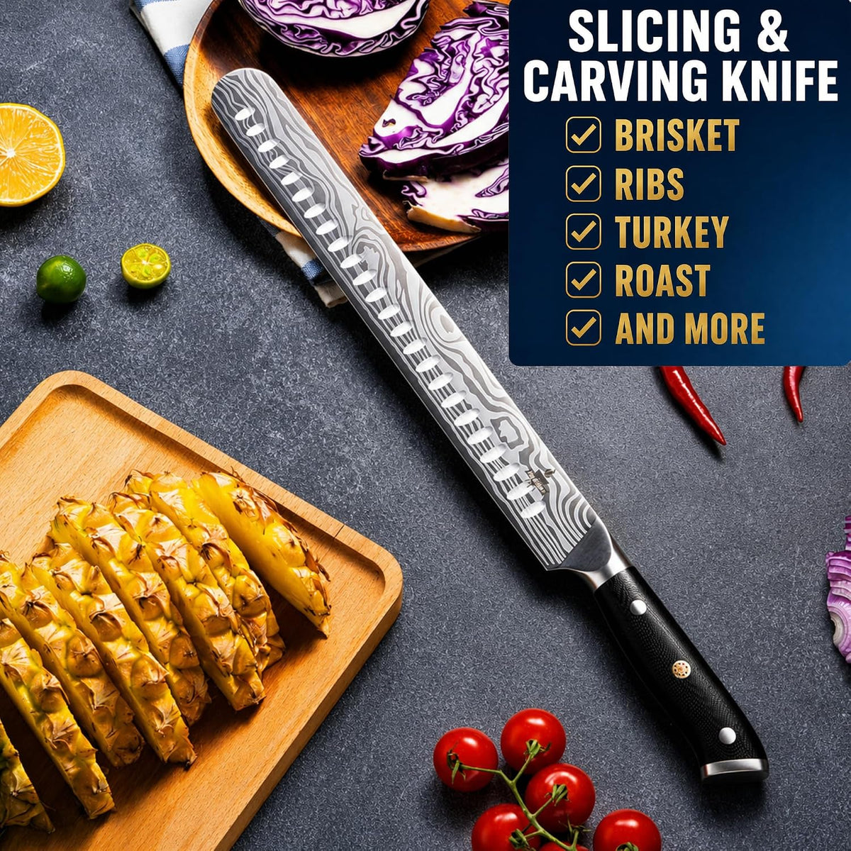 Brisket Knife Set for Meat Carving - 12" Slicing Knife + 6" Curved Boning Knife & Carving Fork for Effortless Meat Cutting, Full Tang & Ergonomic - Razor Sharp German Steel, BBQ Grilling Gifts for Men