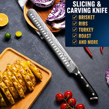 Brisket Knife Set for Meat Carving - 12" Slicing Knife + 6" Curved Boning Knife & Carving Fork for Effortless Meat Cutting, Full Tang & Ergonomic - Razor Sharp German Steel, BBQ Grilling Gifts for Men