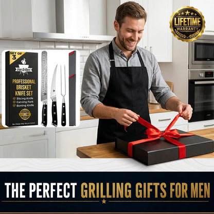 Brisket Knife Set for Meat Carving - 12" Slicing Knife + 6" Curved Boning Knife & Carving Fork for Effortless Meat Cutting, Full Tang & Ergonomic - Razor Sharp German Steel, BBQ Grilling Gifts for Men