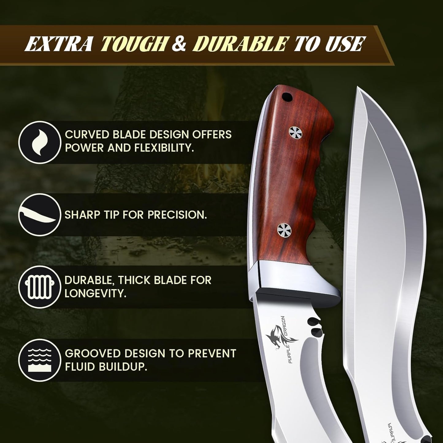 Kukri Knife with Sheath - Full Tang Fixed Blade Knife with Wooden Handle - 8 Inch Heavy Duty Camping Knives - Gift for Men