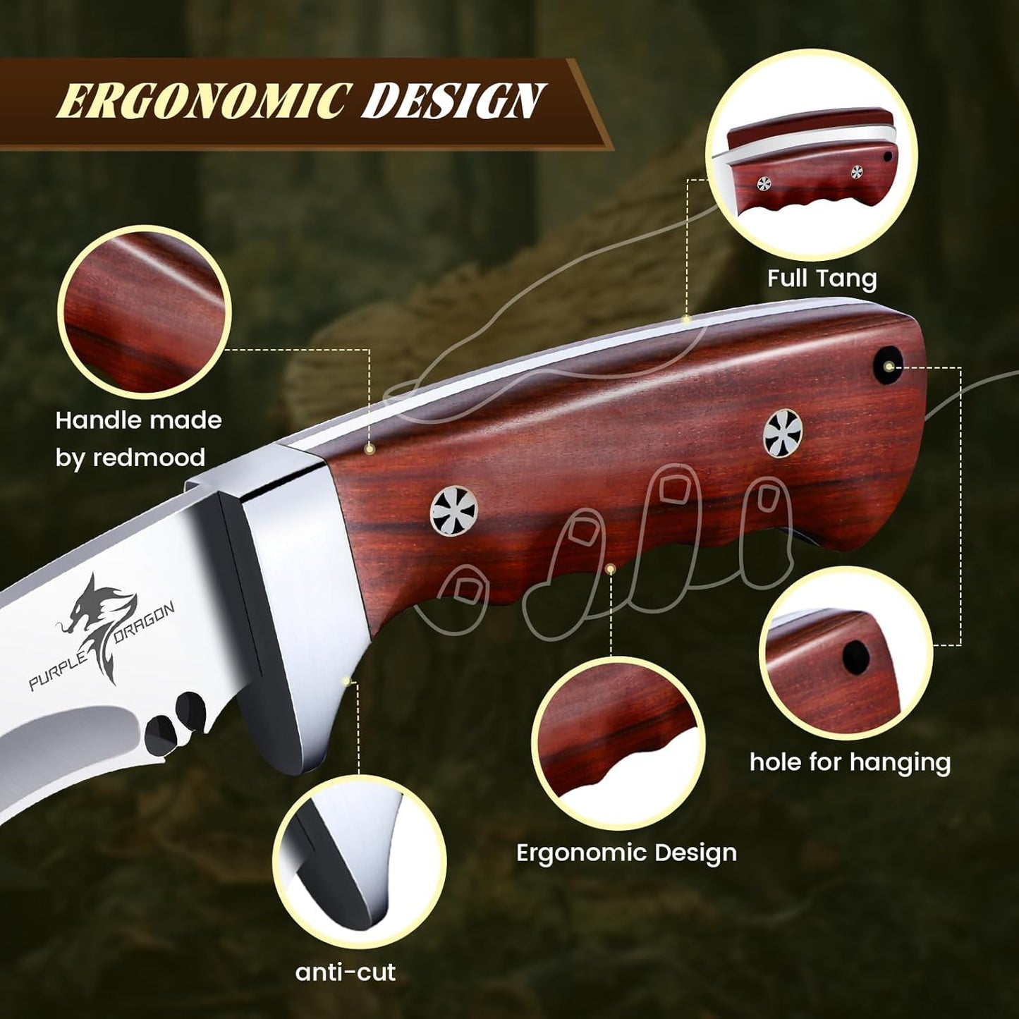 Kukri Knife with Sheath - Full Tang Fixed Blade Knife with Wooden Handle - 8 Inch Heavy Duty Camping Knives - Gift for Men