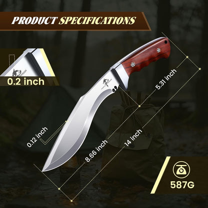 Kukri Knife with Sheath - Full Tang Fixed Blade Knife with Wooden Handle - 8 Inch Heavy Duty Camping Knives - Gift for Men
