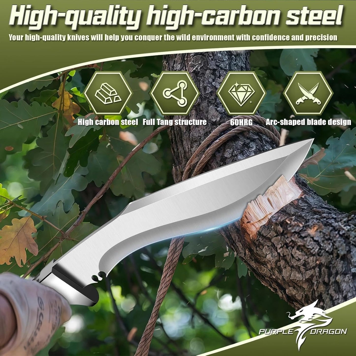 Kukri Knife with Sheath - Full Tang Fixed Blade Knife with Wooden Handle - 8 Inch Heavy Duty Camping Knives - Gift for Men