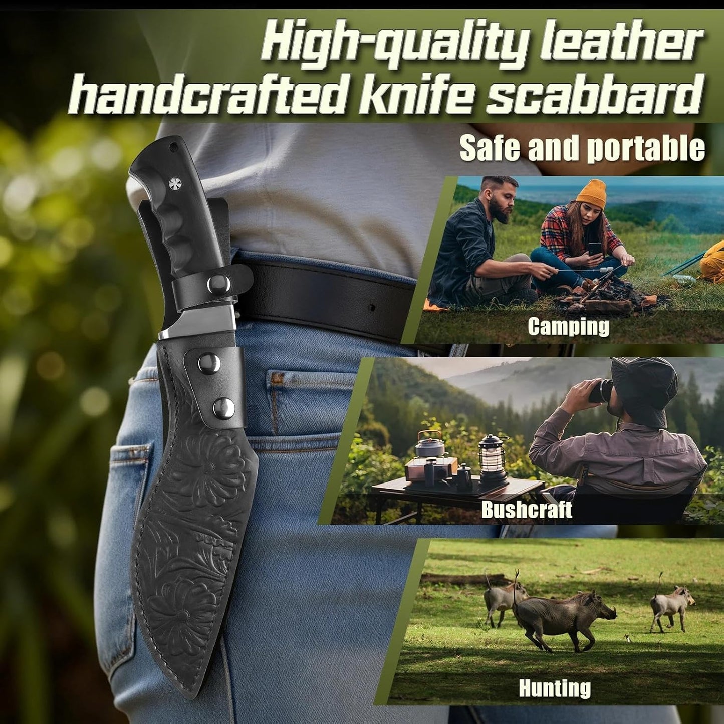 Kukri Knife with Sheath - Full Tang Fixed Blade Knife with Wooden Handle - 8 Inch Heavy Duty Camping Knives - Gift for Men