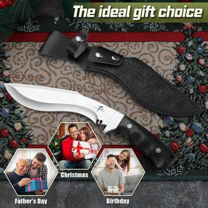 Kukri Knife with Sheath - Full Tang Fixed Blade Knife with Wooden Handle - 8 Inch Heavy Duty Camping Knives - Gift for Men