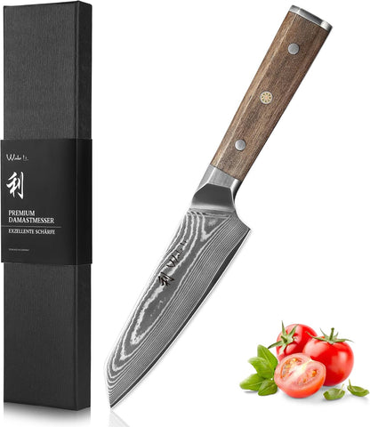 Hickory Kiritsuke Chef Knife, 6-Inch VG10 Damascus, Walnut Handle | Compact full-tang Damascus kitchen knife for controlled pull cuts, precise tip work, and trimming meat, fish, and vegetables