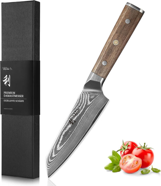 Hickory Kiritsuke Chef Knife, 6-Inch VG10 Damascus, Walnut Handle | Compact full-tang Damascus kitchen knife for controlled pull cuts, precise tip work, and trimming meat, fish, and vegetables