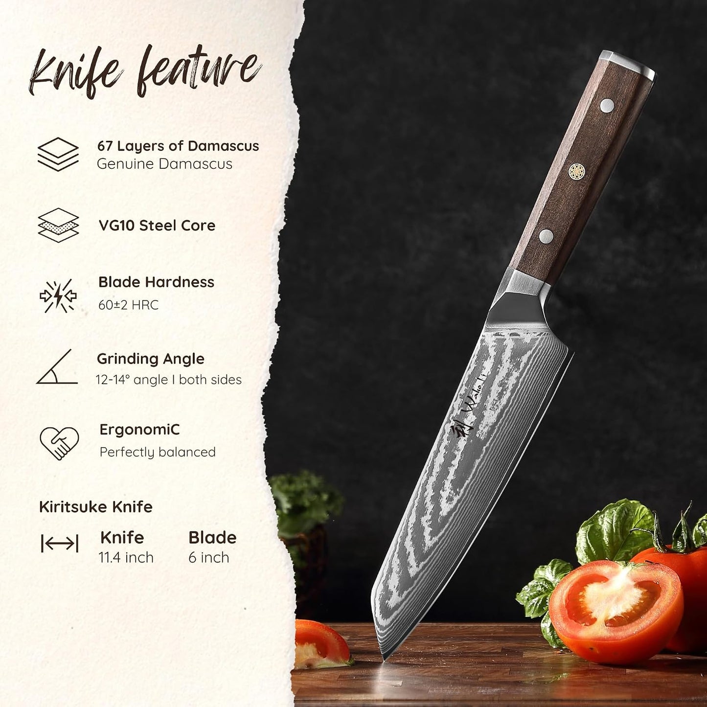 Hickory Kiritsuke Chef Knife, 6-Inch VG10 Damascus, Walnut Handle | Compact full-tang Damascus kitchen knife for controlled pull cuts, precise tip work, and trimming meat, fish, and vegetables