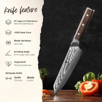 Hickory Kiritsuke Chef Knife, 6-Inch VG10 Damascus, Walnut Handle | Compact full-tang Damascus kitchen knife for controlled pull cuts, precise tip work, and trimming meat, fish, and vegetables