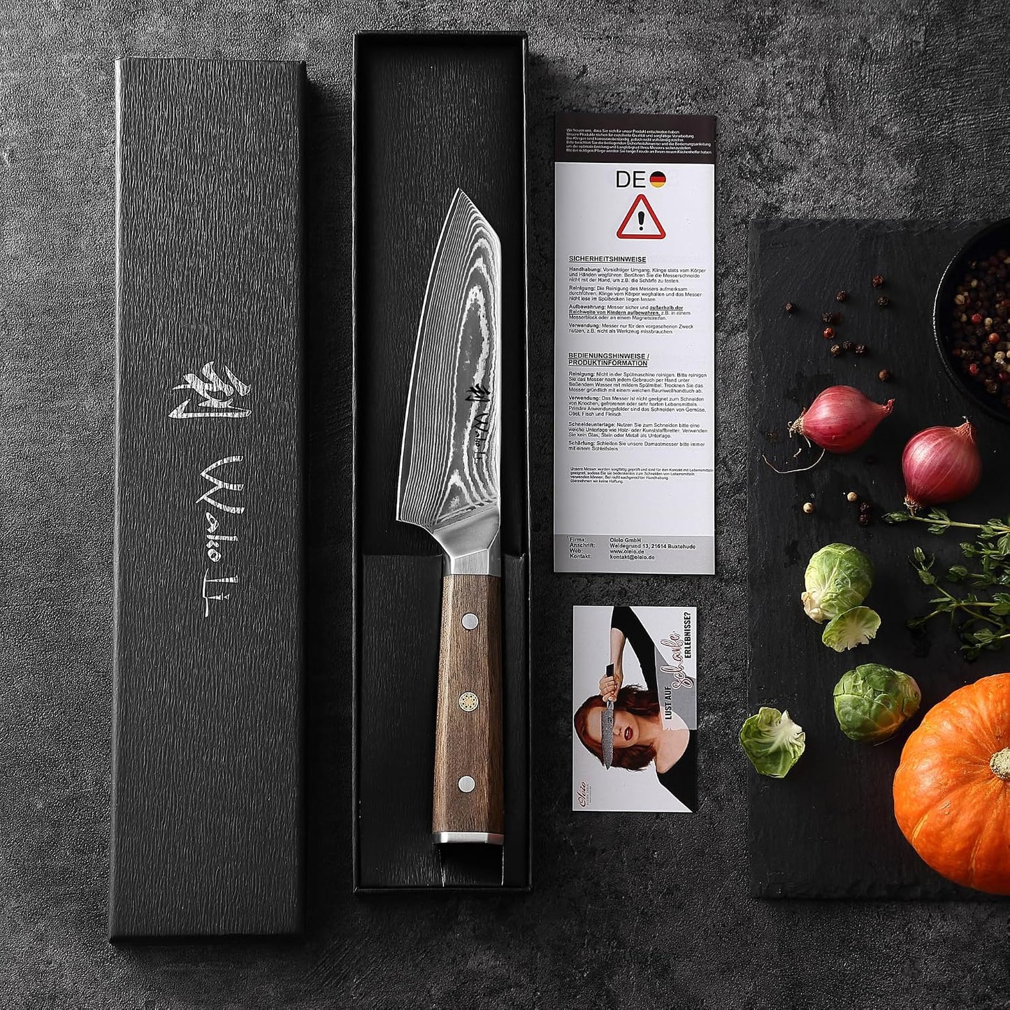 Hickory Kiritsuke Chef Knife, 6-Inch VG10 Damascus, Walnut Handle | Compact full-tang Damascus kitchen knife for controlled pull cuts, precise tip work, and trimming meat, fish, and vegetables