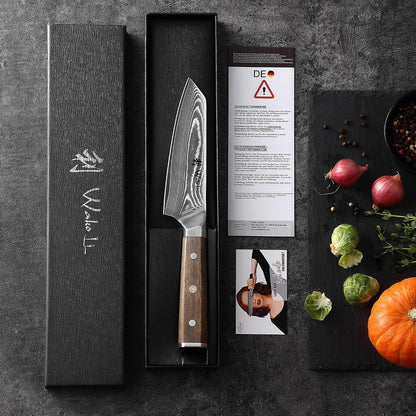 Hickory Kiritsuke Chef Knife, 6-Inch VG10 Damascus, Walnut Handle | Compact full-tang Damascus kitchen knife for controlled pull cuts, precise tip work, and trimming meat, fish, and vegetables