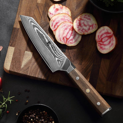 Hickory Kiritsuke Chef Knife, 6-Inch VG10 Damascus, Walnut Handle | Compact full-tang Damascus kitchen knife for controlled pull cuts, precise tip work, and trimming meat, fish, and vegetables