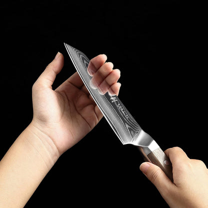 Hickory Kiritsuke Chef Knife, 6-Inch VG10 Damascus, Walnut Handle | Compact full-tang Damascus kitchen knife for controlled pull cuts, precise tip work, and trimming meat, fish, and vegetables