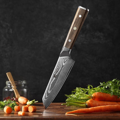 Hickory Kiritsuke Chef Knife, 6-Inch VG10 Damascus, Walnut Handle | Compact full-tang Damascus kitchen knife for controlled pull cuts, precise tip work, and trimming meat, fish, and vegetables