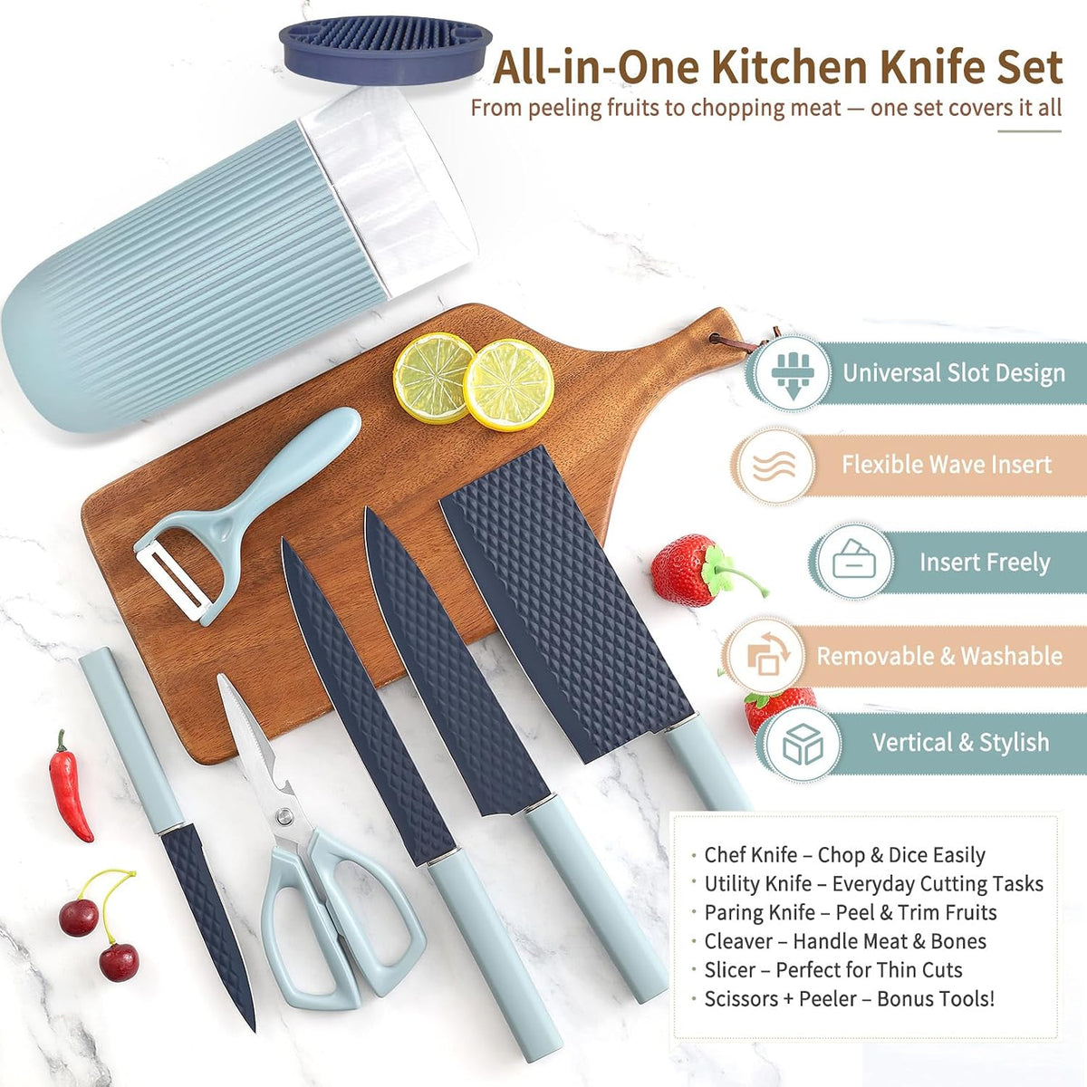 Knife Set, 7-Piece Kitchen Knife Set with Sharp Chef and Meat Knives, Anti-Rust Utility Knives Set for Kitchen, Kitchen Knife Block Set – Black