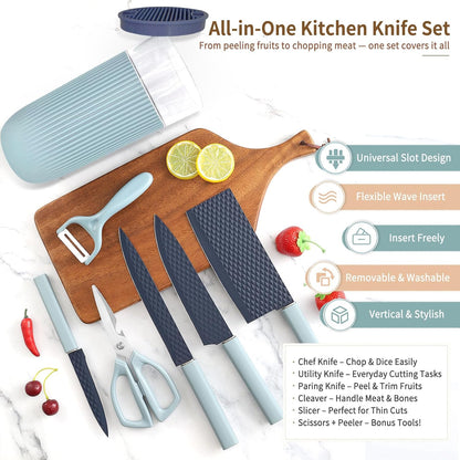 Knife Set, 7-Piece Kitchen Knife Set with Sharp Chef and Meat Knives, Anti-Rust Utility Knives Set for Kitchen, Kitchen Knife Block Set – Black