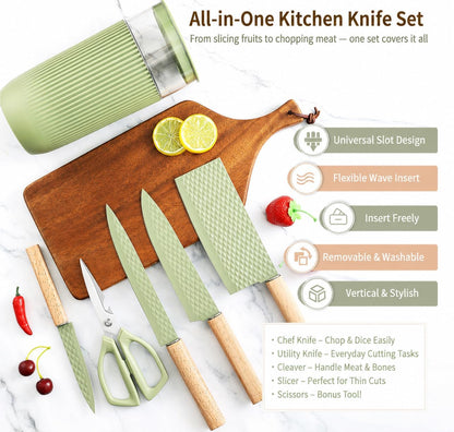 Knife Set, 7-Piece Kitchen Knife Set with Sharp Chef and Meat Knives, Anti-Rust Utility Knives Set for Kitchen, Kitchen Knife Block Set – Black
