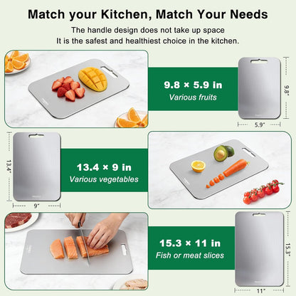 Titanium Cutting Board Set of 3, 100% Pure Titanium Cutting Boards for Kitchen, Easy to clean, Dishwasher, Double Sided Non Toxic Food-Grade Chopping Boards for Meats, Fruits and Vegetables